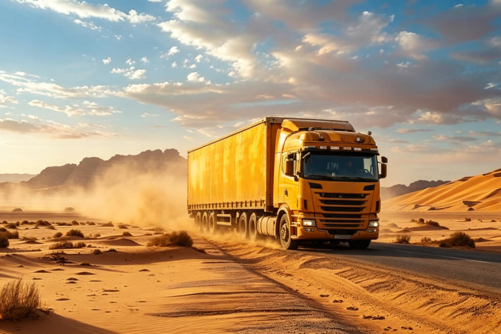 Heavy-duty semi-truck in desert, representing A-4740 Air Filter Regulator performance in harsh conditions