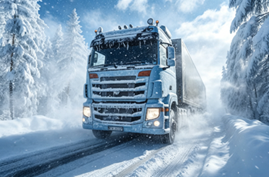 service-1 Heavy-duty truck driving through deep snow in winter, showing A-5000 slave valve reliability in cold weather