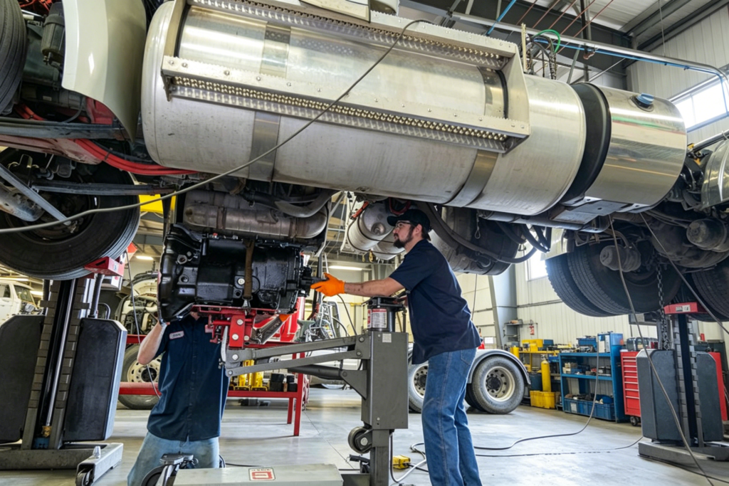 Article Tritenco Article page banner: Technicians repairing heavy-duty truck transmission in a professional service shop