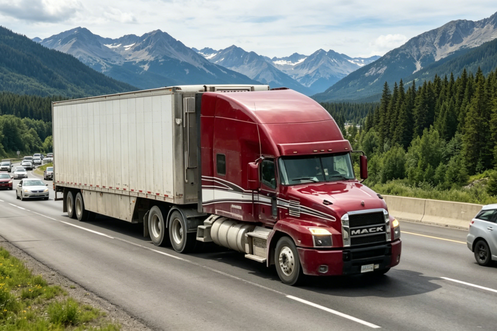 Heavy-duty Mack truck driving through mountain highway, representing Tritenco K-3331 splitter valve reliability in long-haul trucking